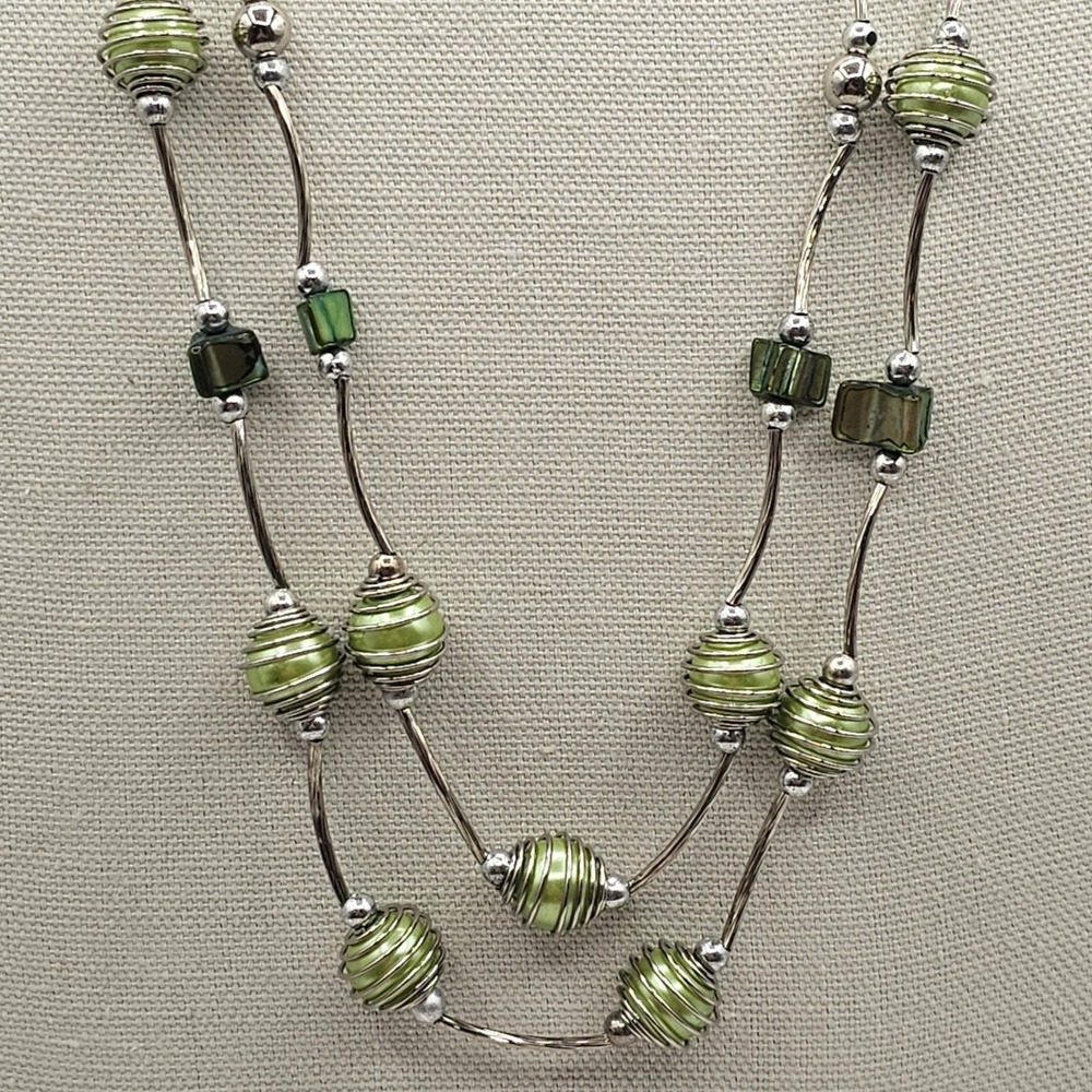Green Multi Strand Bead Necklace Silver Tone Long Statement Boho Retro